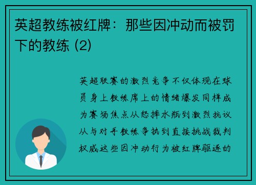 英超教练被红牌：那些因冲动而被罚下的教练 (2)