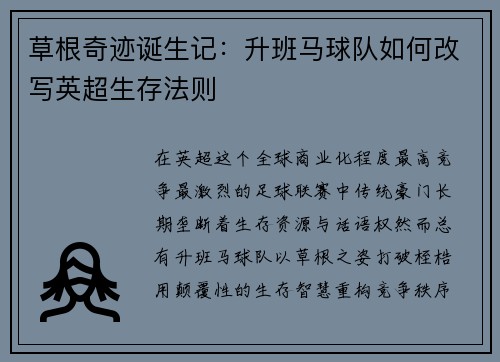 草根奇迹诞生记：升班马球队如何改写英超生存法则