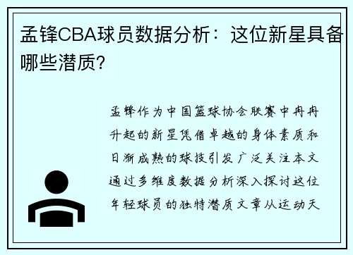 孟锋CBA球员数据分析：这位新星具备哪些潜质？